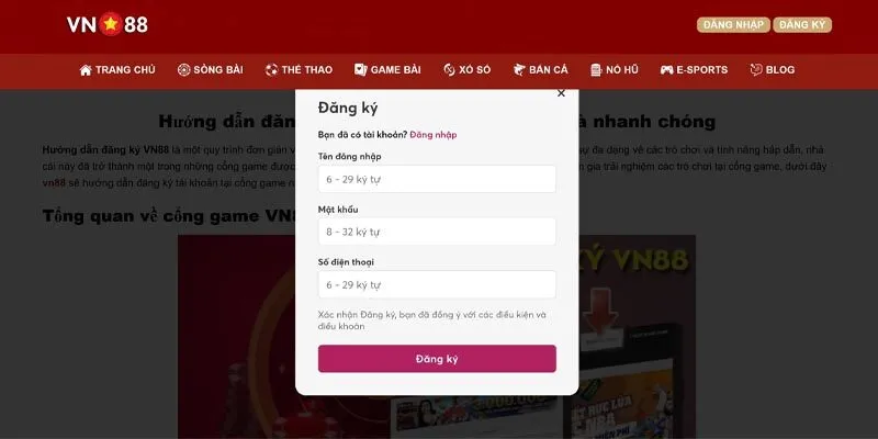 Hướng dẫn đăng ký VN88